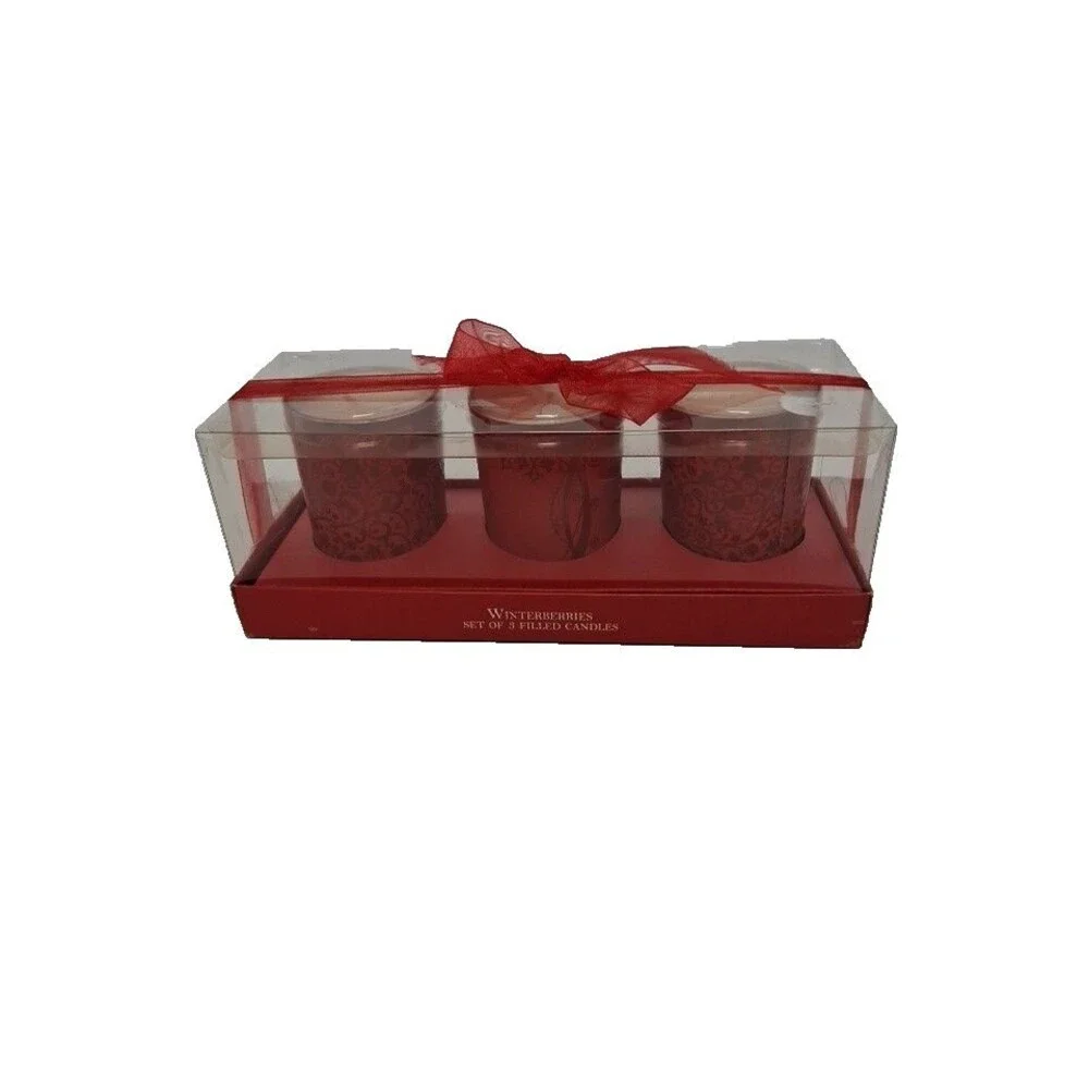 WinterBerries Set of  3 Red Votives BOXED Filled CHRISTMAS CANDLES New
